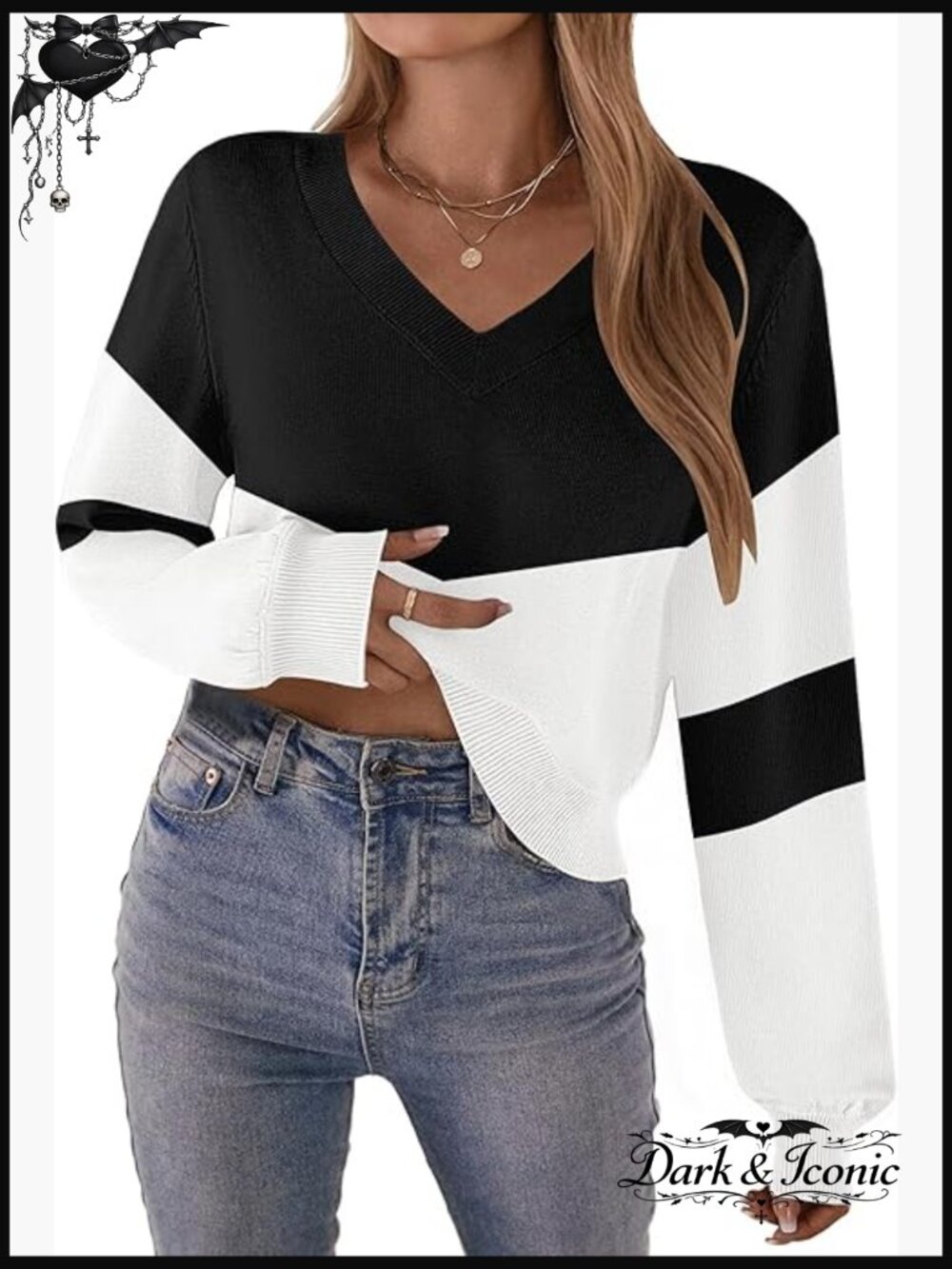 V-Neck Cropped Sweater Long Lantern Sleeve Ribbed Knit Pullover Tops